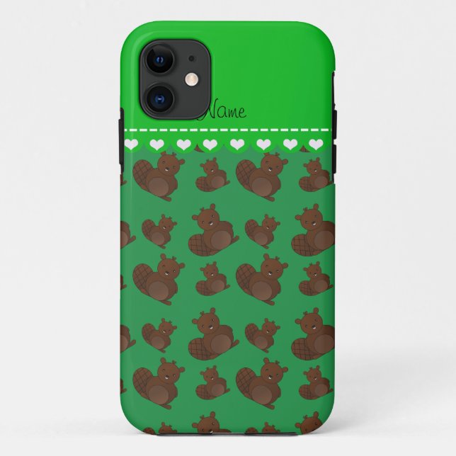 Capa Para iPhone Da Case-Mate Padrão de castor verde de nome personalizado (Verso)
