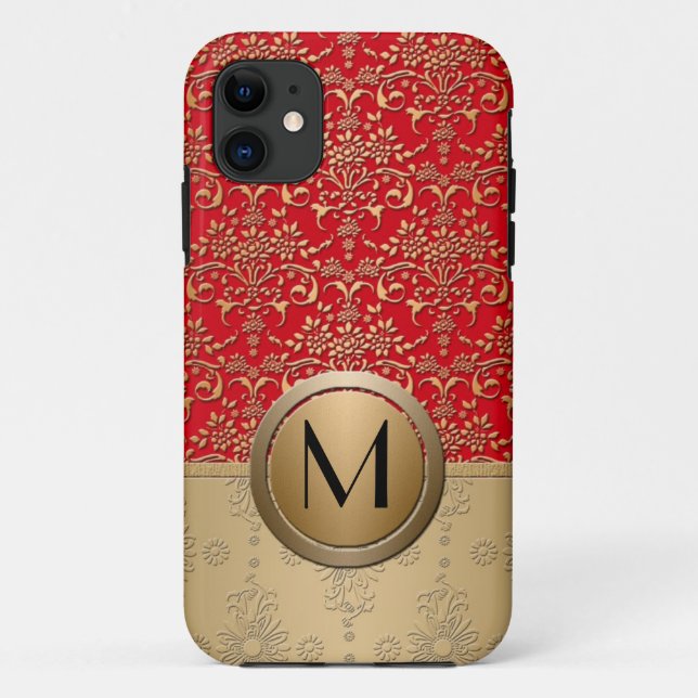 Capa Para iPhone Da Case-Mate Padrão de Damasco com Monograma Vermelho e Dourado (Verso)