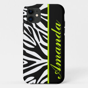 Capa Para iPhone Da Case-Mate Preto e branco com nome verde do costume da zebra