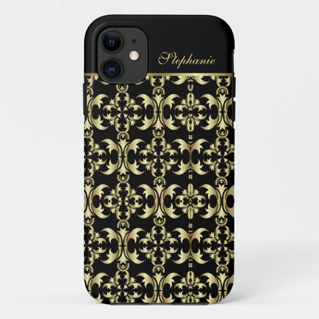 Capa Para iPhone Da Case-Mate Real Black e Dourado Monograma Damask (Verso)