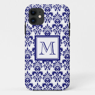 Capa Para iPhone Da Case-Mate Seu monograma, cor damasco 2 dos azuis marinhos