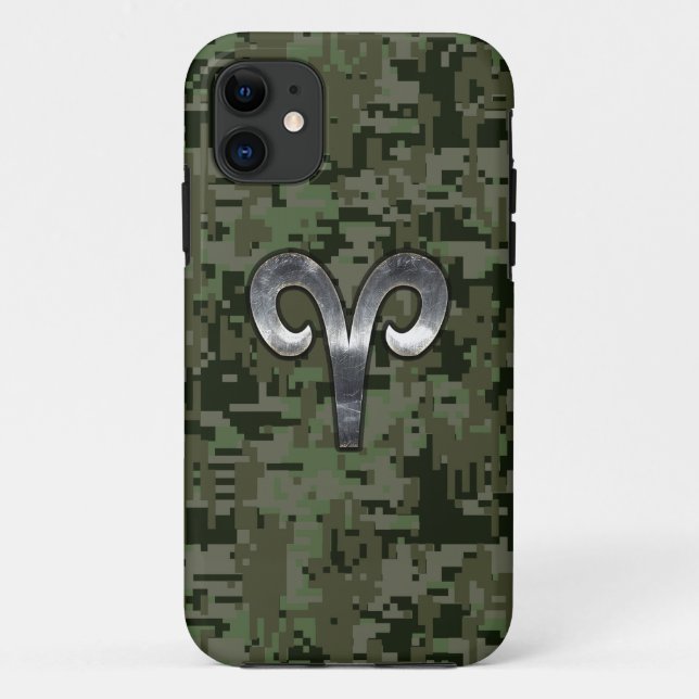 Capa Para iPhone Da Case-Mate Silver Aries Símbolo Zodiac no Camo Digital Verde (Verso)
