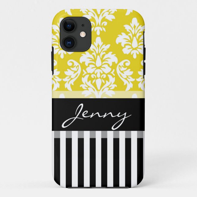 Capa Para iPhone Da Case-Mate Stripes Pretas de Damasco Amarelo Personalizadas (Verso)