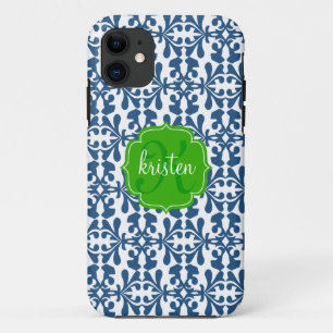 Capa Para iPhone Da Case-Mate Verde azul moderno do damasco do Arabesque