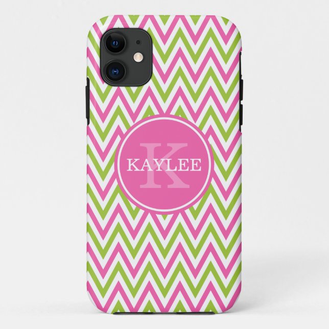 Capa Para iPhone Da Case-Mate Verde limão rosa moderno Chevron e Monograma (Verso)