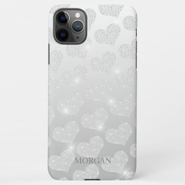 Capa Para iPhone Diamond Small Heart Pattern, DIY Name, Silver Case (Verso)