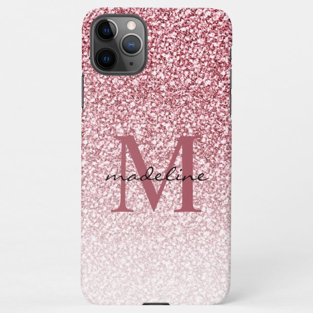 Capa Para iPhone Elegante Rosa Dourado Glitter Girly Monograma (Verso)