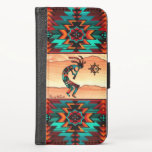 Caso de Wallet do iPhone Kokopelli<br><div class="desc">Este é um caso exclusivo de Wallet do iPhone do Sudoeste de Kokopelli. Ele apresenta um Kokopelli tocando flauta e dançando sob um pôr do sol do deserto ...  cercado por uma borda sudoeste em Turquesa,  Laranja e Preto! Design De Arte Original Pelo Artista Kerry Miller.</div>