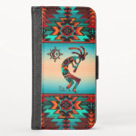 Caso de Wallet do Sudoeste Kokopelli iPhone<br><div class="desc">Este é um caso exclusivo de "Um dos tipos" no sudoeste de Kokopelli iPhone Wallet. Ele apresenta um Kokopelli tocando a flauta sob o sol em um fundo de turquesa e sunset laranja... cercado por uma borda sudoeste em Turquesa, Laranja e Preto! Design De Arte Original Pelo Artista Kerry Miller....</div>