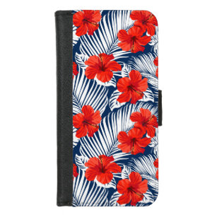 Capa Carteira Para iPhone 8/7 Folhagem Tropical Com Hibisco Floral Vermelho   Fl