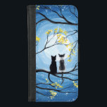 Capa Carteira Para iPhone 8/7 Lua branca com gatos<br><div class="desc">Dois gatos sentados em um galho observando a lua de cheio com um céu azul cheio de estrelas. Os ramos das árvores ao seu redor com pequenas flores amarelas. Gato de tuxedo preto e um gato branco bicolor e cinza pintado. Pintura acrílica branca moderna original de Donna Leger. Todos os...</div>