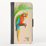 Pássaro Macaw Multicolorido Tropical e iPhone Mono<br><div class="desc">Pássaro Macrocolado Tropical & Monograma em fundo bege claro.</div>