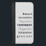Capa Carteira Para iPhone 8/7 Qualidades das mulheres Excelentes<br><div class="desc">A trabalho de arte apresenta certas qualidades de mulheres excelentes,  incluindo: Independente,  Inteligente,  Apoiante,  Confiante,  Patética,  Resiliente e Apaixonada.</div>