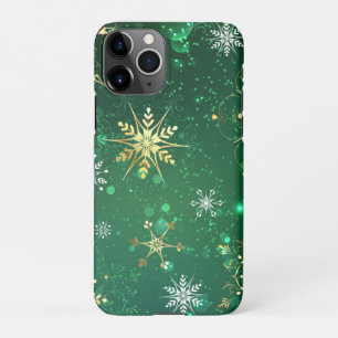 Capa Para iPhone Flocos de neve do Ouro Xmas em fundo verde