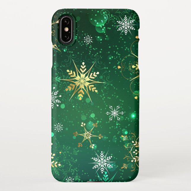Capa Para iPhone Flocos de neve do Ouro Xmas em fundo verde (Verso)