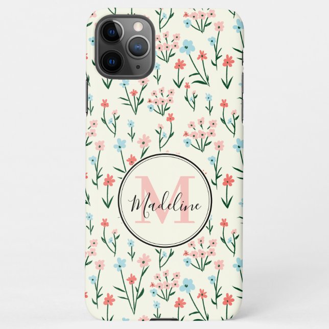 Capa Para iPhone Flores Azuis Rosa Girly Padrão Monograma Elegante (Verso)