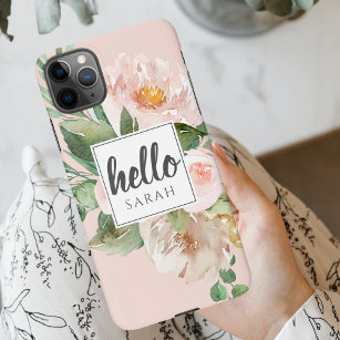 Capa Para iPhone Flores Cor d'Água Moderna Rosa e Nome & Alô