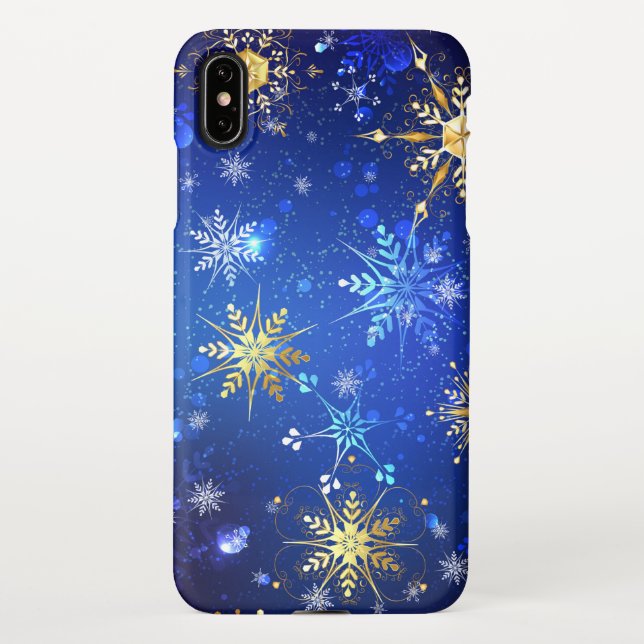 Capa Para iPhone Fundo Azul XMAS com Flocos de Neve Ouro (Verso)