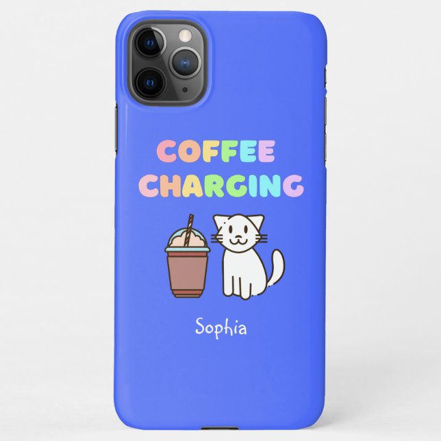 Capa Para iPhone Gato Branco Bonito e Café Engraçado Cafeína Rainbo (Verso)