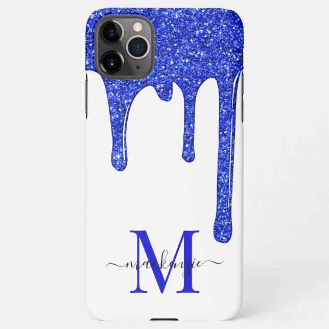 Capa Para iPhone Glitter Glitter Real Azul Brilhante Monograma (Verso)