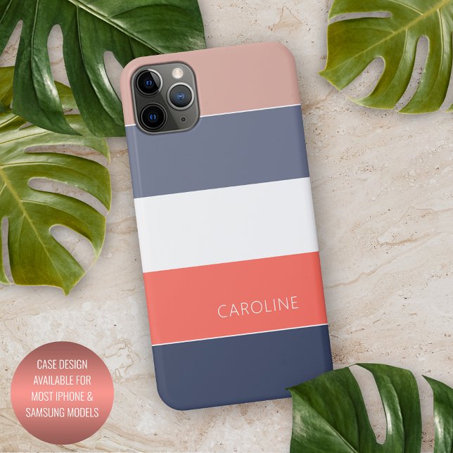 Capa Para iPhone Laranja Coral Mauve Taupe Azul Escuro Stripes Bran (Criador carregado)