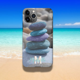 Capa Para iPhone M Monograma Rochas Seixos Pedras Azul Roxo Praia