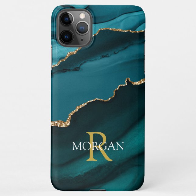 Capa Para iPhone Nome & Monograma, Agate Preto Teal, Texto Branco D (Verso)