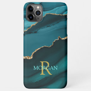 Capa Para iPhone Nome & Monograma, Agato Preto Teal, Texto Teal Dou