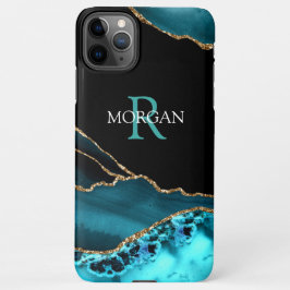 Capa Para iPhone Nome & Monograma, Agato Preto Teal, Texto Teto Bra