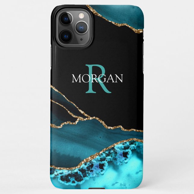 Capa Para iPhone Nome & Monograma, Agato Preto Teal, Texto Teto Bra (Verso)