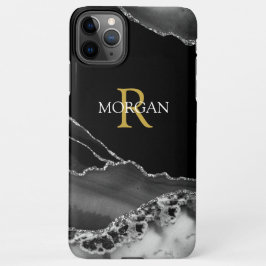 Capa Para iPhone Nome & Monograma, Cinza Preto Agate, Texto Branco 