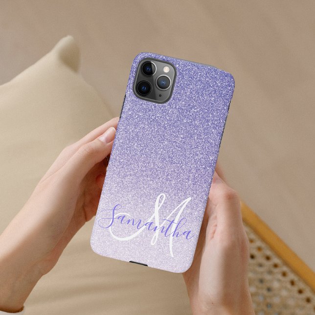 Capa Para iPhone Nome Personalizado da Glitter Roxo Moderno (Criador carregado)