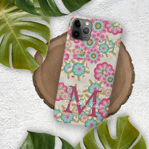Capa Para iPhone Padrão de Flores Azuis de Azul Aqua Cor-de-Rosa-Bl