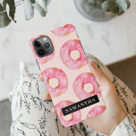 Capa Para iPhone Padrão de Rosquinhas de Aquarela Rosa Moderna com<br><div class="desc">Padrão de Rosquinhas de Aquarela Rosa Moderna com Nome</div>