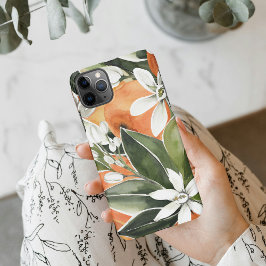 Capa Para iPhone Padrão Tropical Laranja e Flores de Água