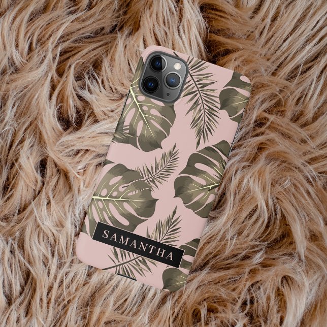 Capa Para iPhone Pink Tropical e Palm Dourado deixa padrão e nome (Criador carregado)