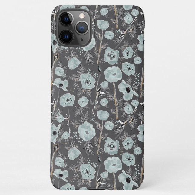 Capa Para iPhone Poppies Cinza Azul Flores de Aquarelas Pretas (Verso)