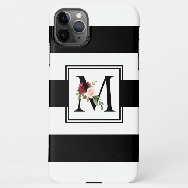 Capa Para iPhone Râguebi branco e preto Monograma floral M (Verso)