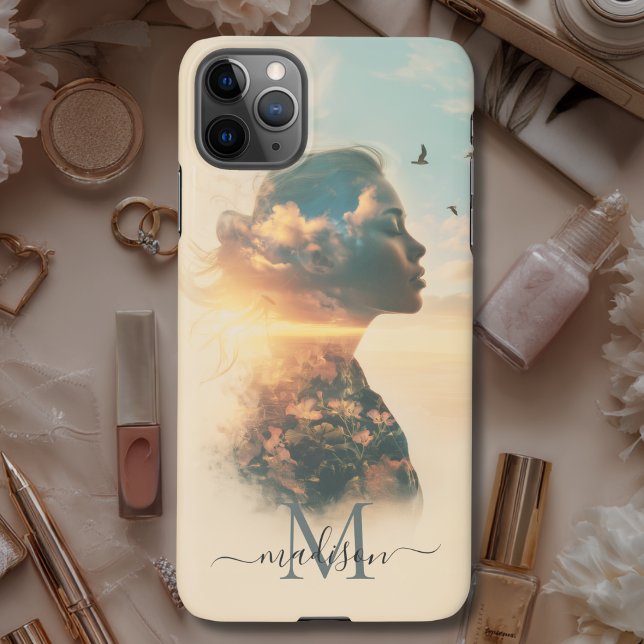 Capa Para iPhone Romântica Natureza da mulher monograma sunset (Romantic Woman Nature Sunset Monogram iPhone Case with your Initial & Name)