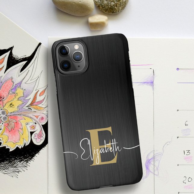 Capa Para iPhone Script de Monograma Dourado Metálico Bruto Moderno (Criador carregado)
