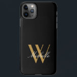 Capa Para iPhone Script de Nome Dourado Preto do Monograma Elegante<br><div class="desc">Este elegante fundo preto monograma com letras douradas em design simples são elementos excelentes a mostrar nesta capas de iphone. A melhor parte é que você pode personalizá-lo adicionando seu nome e nome iniciais. Se não conseguir o que quiser, envie-me um e-mail para jraym48@gmail.com e eu terei todo o prazer...</div>