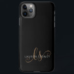 Capa Para iPhone Script Feminino Dourado Preto Moderno Monograma<br><div class="desc">Capas de iphone Monograma De Script Feminina Dourada Preta Moderna. Personalize facilmente esta capa de telefone elegante moderna com o seu monograma e nome personalizados.</div>