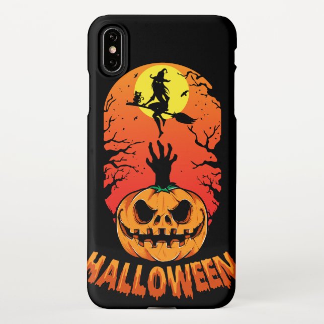 Capa Para iPhone Spookin Pumpkin e Bruxa Voando Broom contra Lua (Verso)