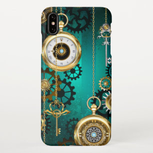Capa Para iPhone Steampunk Jewelry Watch em um fundo verde