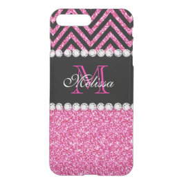 Capa iPhone 8 Plus/7 Plus Monograma cor-de-rosa 2 de Chevron do preto do