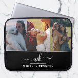 Capa Para Notebook 3 Colagem Fotográfica Crie o seu próprio monograma<br><div class="desc">Laptop com uma elegante caligrafia, primeiro e sobrenome, monograma e modelo de nome personalizado minimalista branco em fundo preto. Adicione suas três fotos favoritas para criar sua própria bolsa de laptop de colagem de fotos. Um na moda e pensativo presente personalizado de aniversário, dia de as mães, graduação ou aposentadoria....</div>