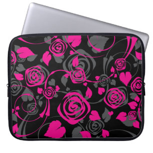 Capa Para Notebook A bolsa de laptop cor-de-rosa floral preta &