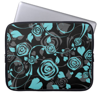 Capa Para Notebook A bolsa de laptop cor-de-rosa floral preta & azul