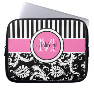 Capa Para Notebook A bolsa de laptop listrada do damasco branco preto