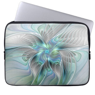 Capa Para Notebook Abstrato Azul Borboleta Verde Fantasia Arte Fracta